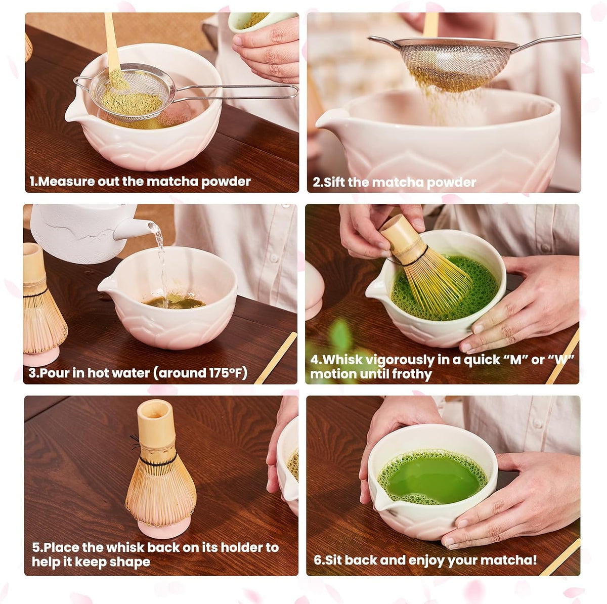 Matcha Whisk Set, Lotus Gradient Red Ceramic Matcha Set Includes Matcha Bowl, Matcha Whisk (Chasen) and Holder, Sifter, Bamboo Scoop & Spoon - 6 Pcs Matcha Kit for Matcha Lovers