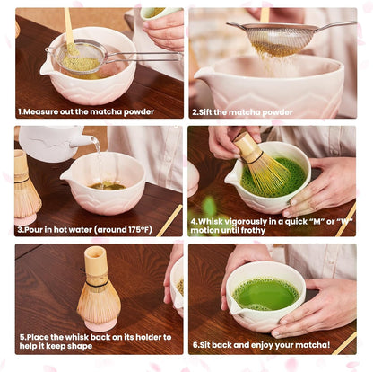 Matcha Whisk Set, Lotus Gradient Red Ceramic Matcha Set Includes Matcha Bowl, Matcha Whisk (Chasen) and Holder, Sifter, Bamboo Scoop & Spoon - 6 Pcs Matcha Kit for Matcha Lovers