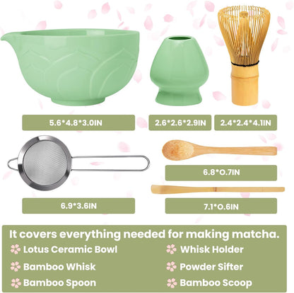 Matcha Whisk Set, Lotus Gradient Red Ceramic Matcha Set Includes Matcha Bowl, Matcha Whisk (Chasen) and Holder, Sifter, Bamboo Scoop & Spoon - 6 Pcs Matcha Kit for Matcha Lovers