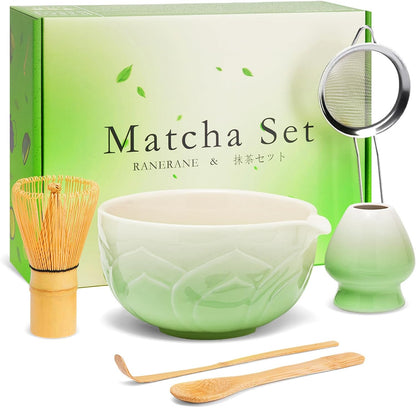 Matcha Whisk Set, Lotus Gradient Red Ceramic Matcha Set Includes Matcha Bowl, Matcha Whisk (Chasen) and Holder, Sifter, Bamboo Scoop & Spoon - 6 Pcs Matcha Kit for Matcha Lovers