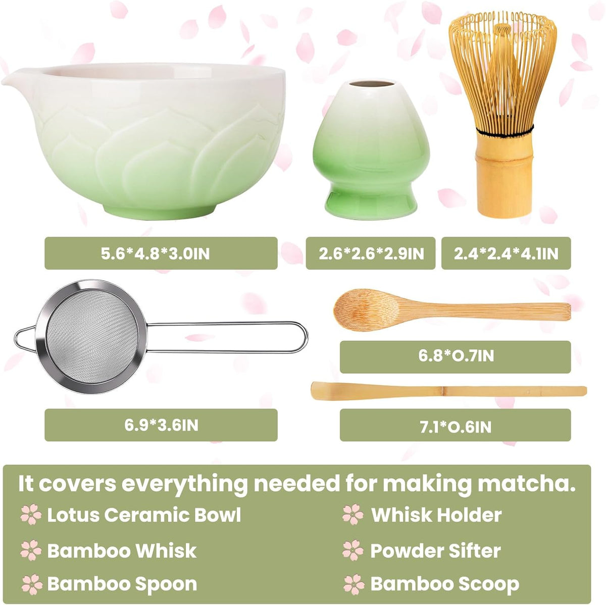 Matcha Whisk Set, Lotus Gradient Red Ceramic Matcha Set Includes Matcha Bowl, Matcha Whisk (Chasen) and Holder, Sifter, Bamboo Scoop & Spoon - 6 Pcs Matcha Kit for Matcha Lovers