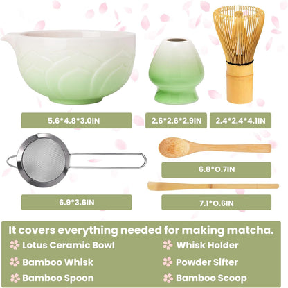 Matcha Whisk Set, Lotus Gradient Red Ceramic Matcha Set Includes Matcha Bowl, Matcha Whisk (Chasen) and Holder, Sifter, Bamboo Scoop & Spoon - 6 Pcs Matcha Kit for Matcha Lovers