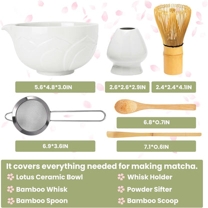 Matcha Whisk Set, Lotus Gradient Red Ceramic Matcha Set Includes Matcha Bowl, Matcha Whisk (Chasen) and Holder, Sifter, Bamboo Scoop & Spoon - 6 Pcs Matcha Kit for Matcha Lovers