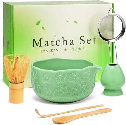 Matcha Whisk Set, Lotus Gradient Red Ceramic Matcha Set Includes Matcha Bowl, Matcha Whisk (Chasen) and Holder, Sifter, Bamboo Scoop & Spoon - 6 Pcs Matcha Kit for Matcha Lovers