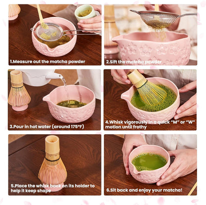 Matcha Whisk Set, Lotus Gradient Red Ceramic Matcha Set Includes Matcha Bowl, Matcha Whisk (Chasen) and Holder, Sifter, Bamboo Scoop & Spoon - 6 Pcs Matcha Kit for Matcha Lovers