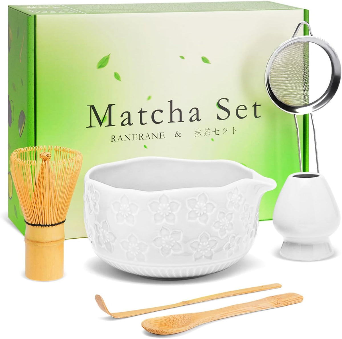 Matcha Whisk Set, Lotus Gradient Red Ceramic Matcha Set Includes Matcha Bowl, Matcha Whisk (Chasen) and Holder, Sifter, Bamboo Scoop & Spoon - 6 Pcs Matcha Kit for Matcha Lovers
