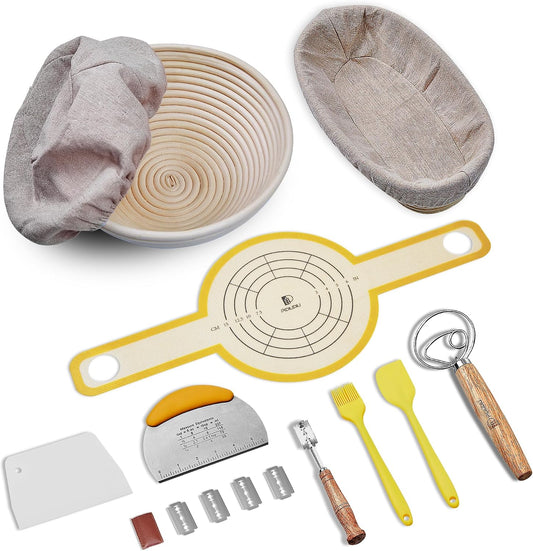 Sourdough Bread Baking Set, 10 Inch Oval & 9 Inch Round Banneton Bread Proofing Baskets with Linen Liner, Silicone Bread Sling, Danish Dough Whisk, Dough Scraper Kit, Silicone Brush & Spatula