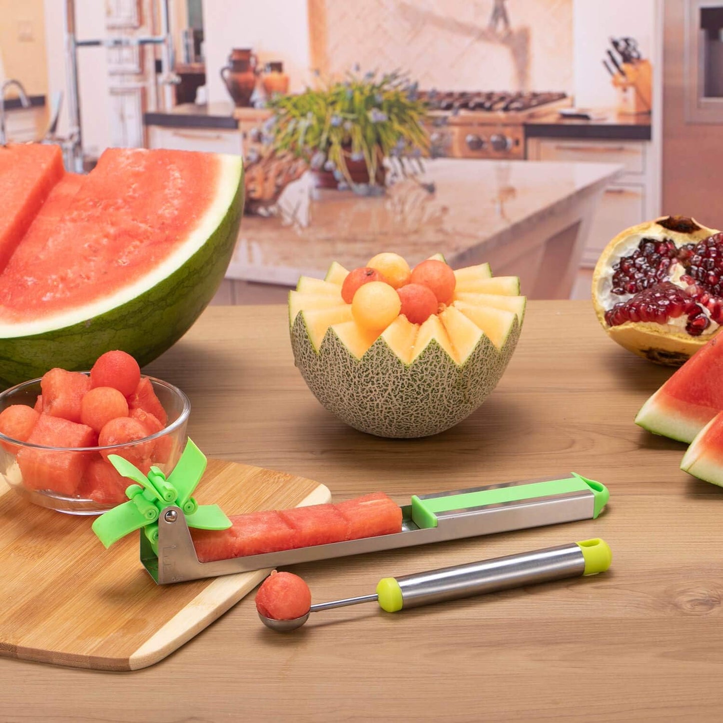 Watermelon Windmill Cutter Slicer, Stainless Steel Shape Fruit Tools Quickly Cut Tool Kitchen Gadgets with Melon Scoop