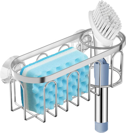 2-in-1 Sponge Holder for Kitchen Sink, Sink Caddy Kitchen Sink Organizer with 3 Suction Cups, No Drill Rustproof Sink Sponge Holder for Dish Brush, Soap & Sponge (Silver)