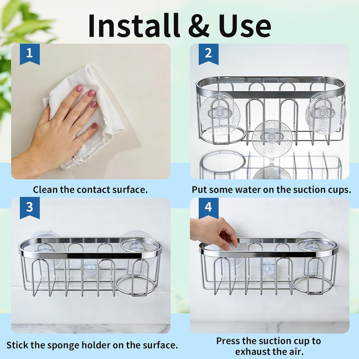 2-in-1 Sponge Holder for Kitchen Sink, Sink Caddy Kitchen Sink Organizer with 3 Suction Cups, No Drill Rustproof Sink Sponge Holder for Dish Brush, Soap & Sponge (Silver)