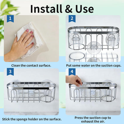 2-in-1 Sponge Holder for Kitchen Sink, Sink Caddy Kitchen Sink Organizer with 3 Suction Cups, No Drill Rustproof Sink Sponge Holder for Dish Brush, Soap & Sponge (Silver)
