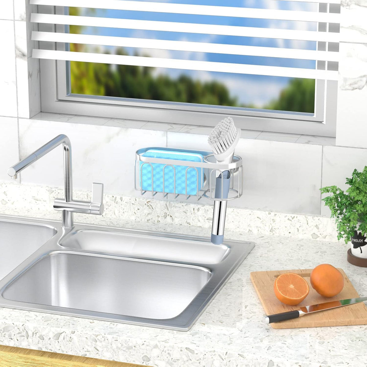 2-in-1 Sponge Holder for Kitchen Sink, Sink Caddy Kitchen Sink Organizer with 3 Suction Cups, No Drill Rustproof Sink Sponge Holder for Dish Brush, Soap & Sponge (Silver)