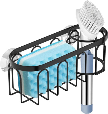 2-in-1 Sponge Holder for Kitchen Sink, Sink Caddy Kitchen Sink Organizer with 3 Suction Cups, No Drill Rustproof Sink Sponge Holder for Dish Brush, Soap & Sponge (Silver)