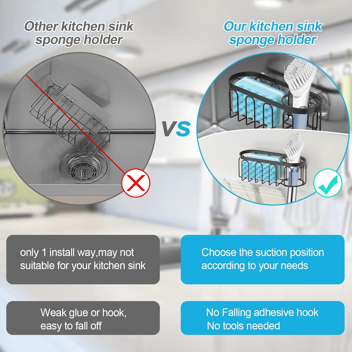 2-in-1 Sponge Holder for Kitchen Sink, Sink Caddy Kitchen Sink Organizer with 3 Suction Cups, No Drill Rustproof Sink Sponge Holder for Dish Brush, Soap & Sponge (Silver)