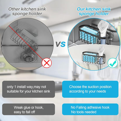 2-in-1 Sponge Holder for Kitchen Sink, Sink Caddy Kitchen Sink Organizer with 3 Suction Cups, No Drill Rustproof Sink Sponge Holder for Dish Brush, Soap & Sponge (Silver)
