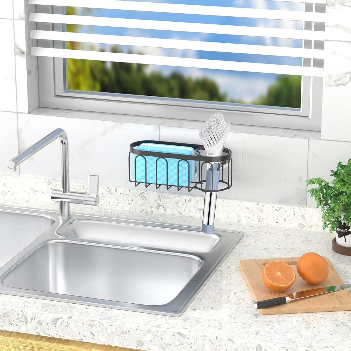 2-in-1 Sponge Holder for Kitchen Sink, Sink Caddy Kitchen Sink Organizer with 3 Suction Cups, No Drill Rustproof Sink Sponge Holder for Dish Brush, Soap & Sponge (Silver)