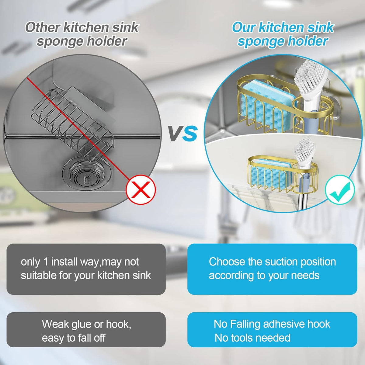 2-in-1 Sponge Holder for Kitchen Sink, Sink Caddy Kitchen Sink Organizer with 3 Suction Cups, No Drill Rustproof Sink Sponge Holder for Dish Brush, Soap & Sponge (Silver)