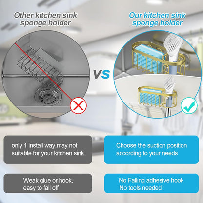 2-in-1 Sponge Holder for Kitchen Sink, Sink Caddy Kitchen Sink Organizer with 3 Suction Cups, No Drill Rustproof Sink Sponge Holder for Dish Brush, Soap & Sponge (Silver)