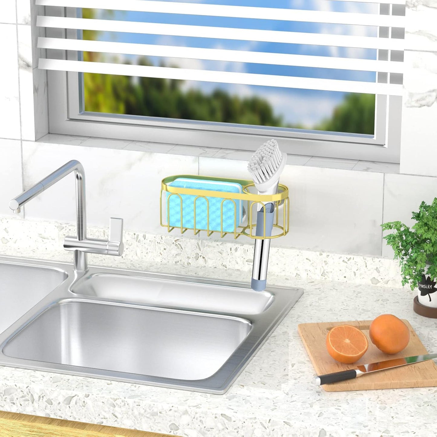 2-in-1 Sponge Holder for Kitchen Sink, Sink Caddy Kitchen Sink Organizer with 3 Suction Cups, No Drill Rustproof Sink Sponge Holder for Dish Brush, Soap & Sponge (Silver)