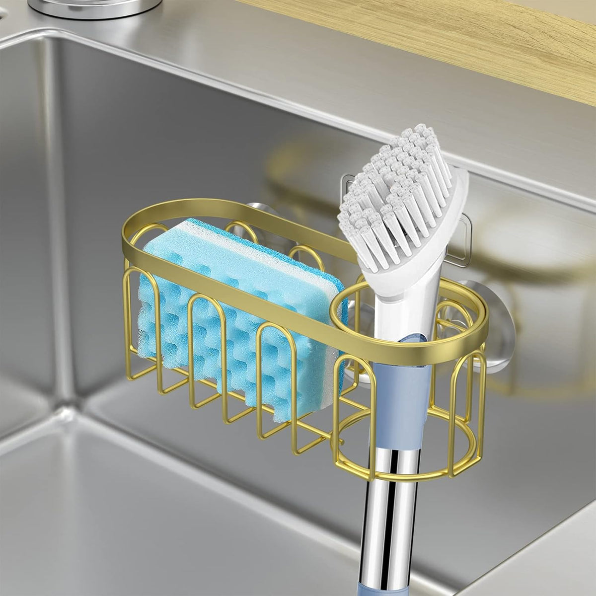 2-in-1 Sponge Holder for Kitchen Sink, Sink Caddy Kitchen Sink Organizer with 3 Suction Cups, No Drill Rustproof Sink Sponge Holder for Dish Brush, Soap & Sponge (Silver)