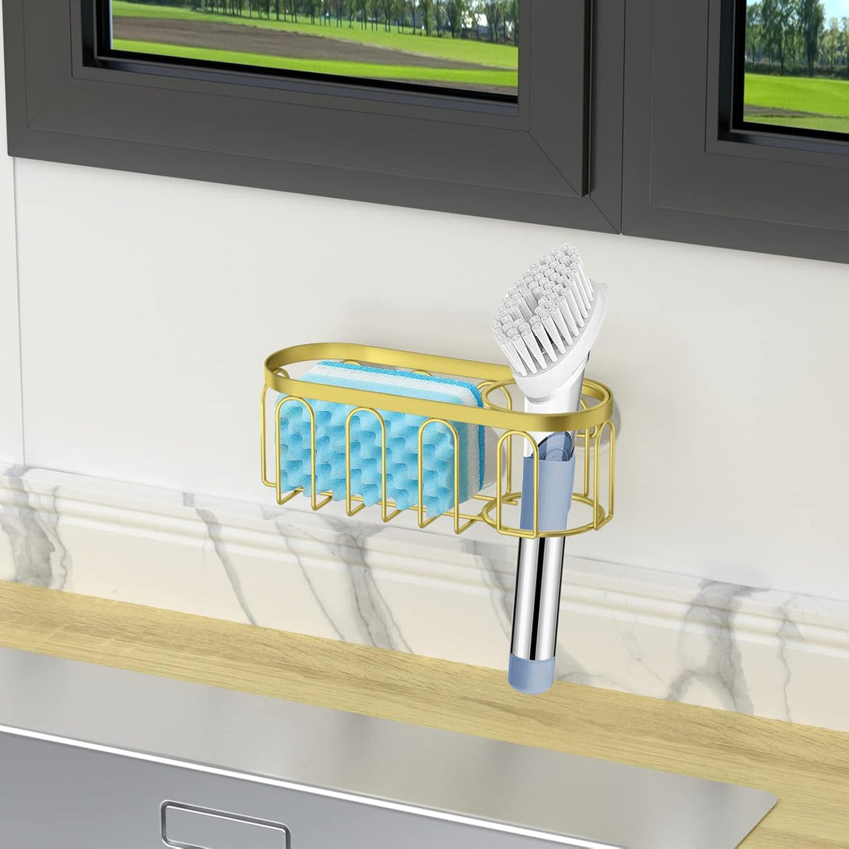 2-in-1 Sponge Holder for Kitchen Sink, Sink Caddy Kitchen Sink Organizer with 3 Suction Cups, No Drill Rustproof Sink Sponge Holder for Dish Brush, Soap & Sponge (Silver)