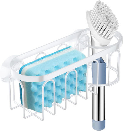 2-in-1 Sponge Holder for Kitchen Sink, Sink Caddy Kitchen Sink Organizer with 3 Suction Cups, No Drill Rustproof Sink Sponge Holder for Dish Brush, Soap & Sponge (Silver)