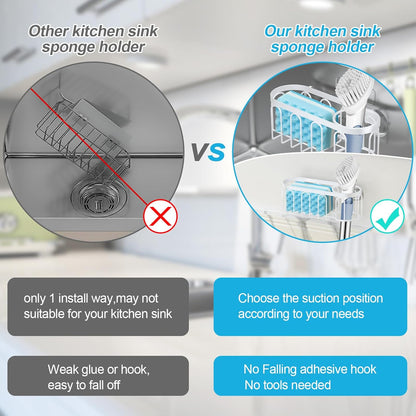2-in-1 Sponge Holder for Kitchen Sink, Sink Caddy Kitchen Sink Organizer with 3 Suction Cups, No Drill Rustproof Sink Sponge Holder for Dish Brush, Soap & Sponge (Silver)