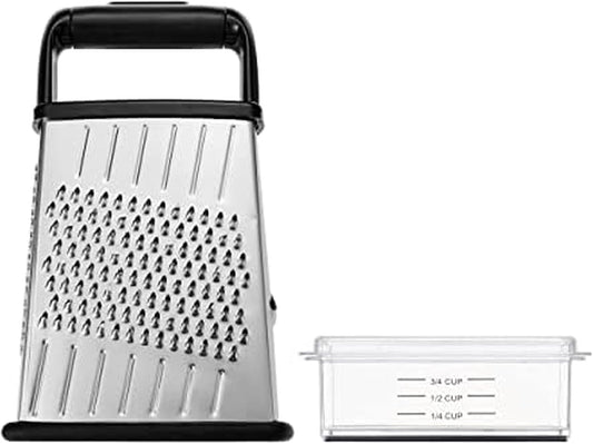 Slim Box Grater with Storage Container, Stainless Steel 4-Sided Cheese Grater with 1-Cup Catch Cup, Lid, and Non-Slip Base - Dishwasher Safe Kitchen Grater for Cheese, Vegetables, and More