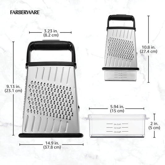 Slim Box Grater with Storage Container, Stainless Steel 4-Sided Cheese Grater with 1-Cup Catch Cup, Lid, and Non-Slip Base - Dishwasher Safe Kitchen Grater for Cheese, Vegetables, and More
