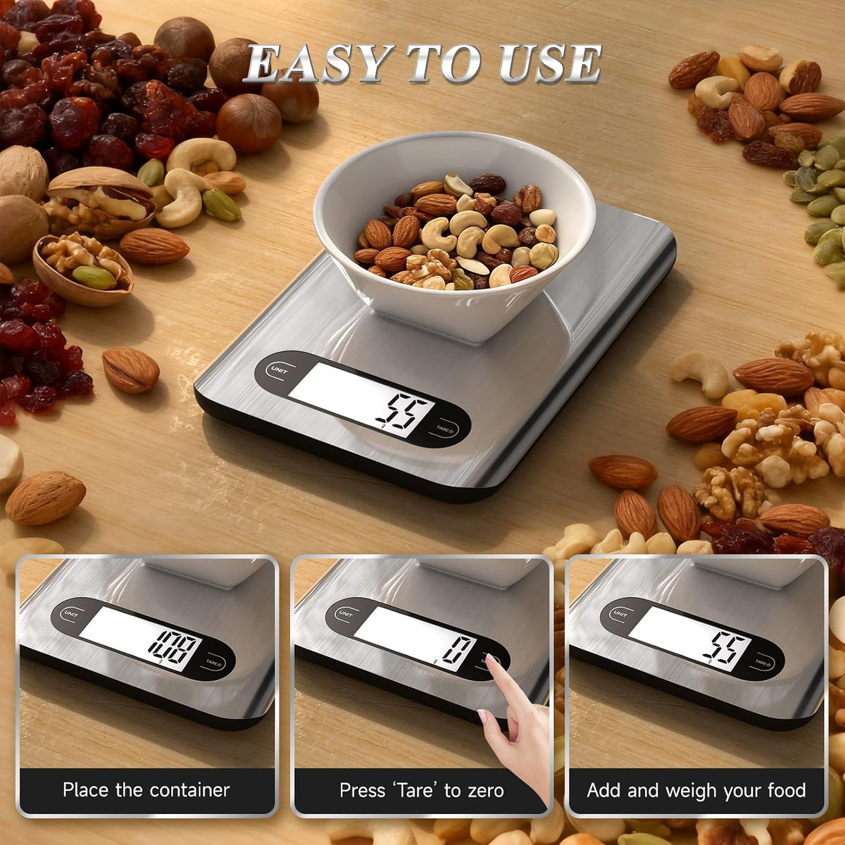 Digital Kitchen Scale, 17 Pounds Capacity Food Scale with LCD Display, Weight Grams and Ounces for Cooking and Baking, Stainless Steel Platform, Anti-Splash