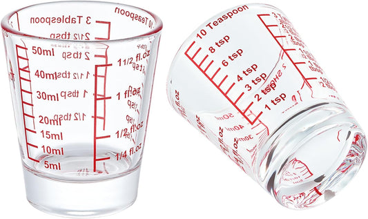 Ackers Mini Measure Heavy Glass, 32-Incremental Measurements Multi-Purpose Liquid and Dry Measuring Shot Glass, Red(Pack of 2)