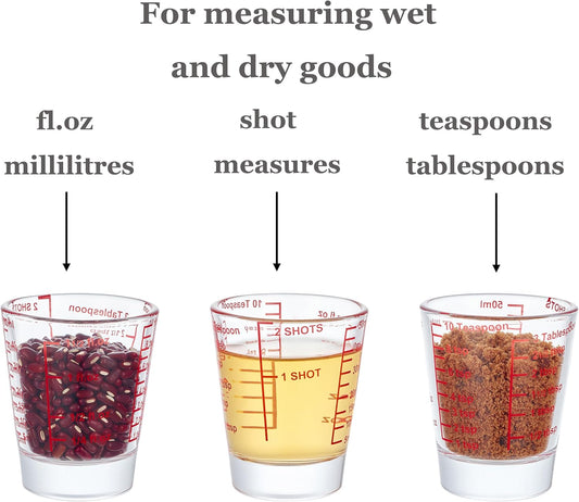 Ackers Mini Measure Heavy Glass, 32-Incremental Measurements Multi-Purpose Liquid and Dry Measuring Shot Glass, Red(Pack of 2)