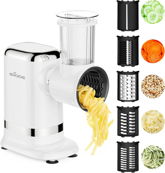 5-in-1 Electric Cheese Grater and Vegetable Slicer, White | 700W Powerful Rotary Grater, Multiple Attachments, For the Kitchen