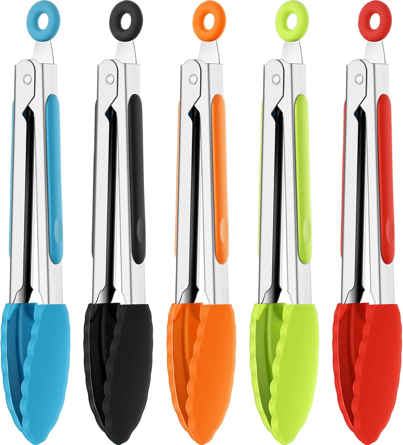 5 Pack Mini Small Tongs with Silicone Tips, 7 in | Kitchen Serving Tongs Set, Stainless Steel, BBQ Grilling Frying Salad Cooking Buffet Party, Black Red Blue Orange Green