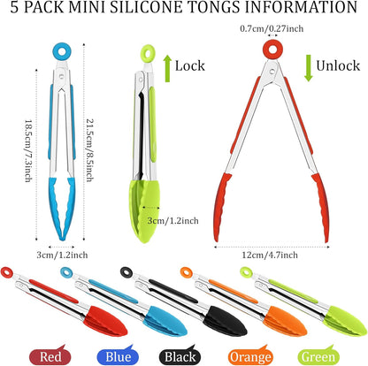 5 Pack Mini Small Tongs with Silicone Tips, 7 in | Kitchen Serving Tongs Set, Stainless Steel, BBQ Grilling Frying Salad Cooking Buffet Party, Black Red Blue Orange Green