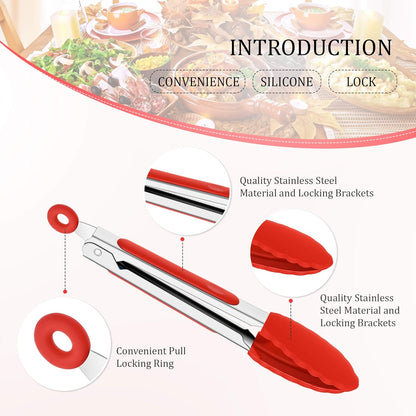 5 Pack Mini Small Tongs with Silicone Tips, 7 in | Kitchen Serving Tongs Set, Stainless Steel, BBQ Grilling Frying Salad Cooking Buffet Party, Black Red Blue Orange Green