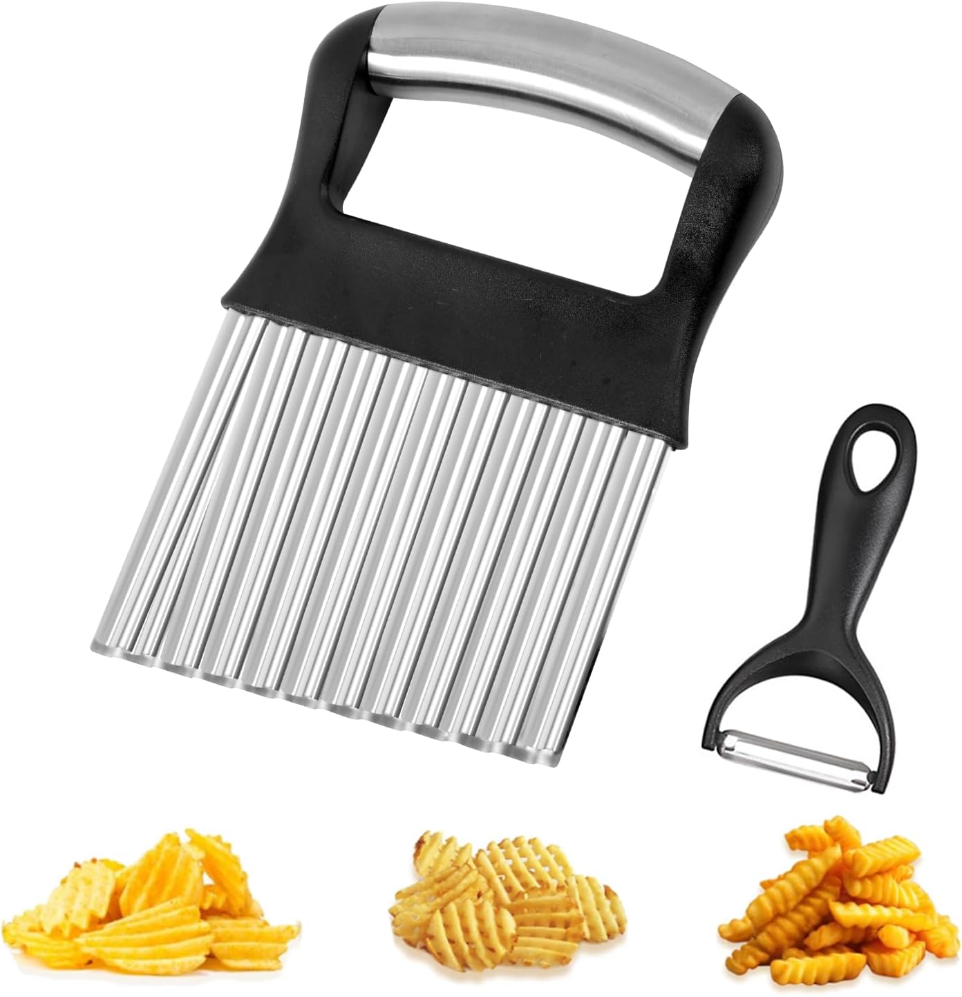 Crinkle Cutter for Veggies, Stainless Steel French Fry Cutter for Potatoes Cucumbers,Large Wavy Waffle Fry Cutter with Peeler for Vegetable Salad Carrots and Fruit Fries, Kitchen Gadget for Vegetable