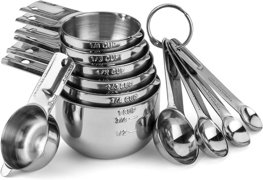 Stainless Steel Measuring Cups and Spoons Set - Stackable Set with Spout (11 Piece Set)