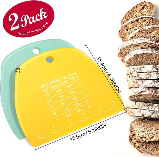 Teenitor 2 Pieces Dough Cutter, Bench Scraper Plastic, Sourdough Scraper, Dough Scraper with Measuring Scale, Multipurpose Food Scrapers for Dough, Cake, Bread, Icing Yellow and Green