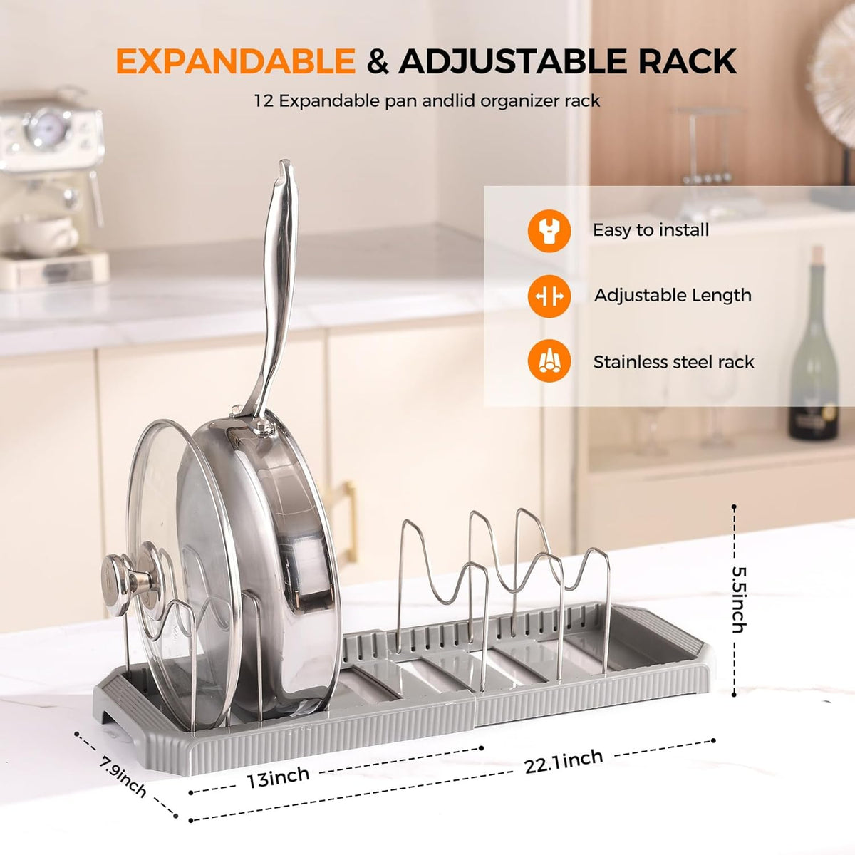 Adjustable Pot Lid Organizer, 9 Compartment Cabinet Storage for Pans, White | Width adjusts 12 to 20 in, holds pots pans lids cutting boards, wire dividers, non-slip feet, space-saving for kitchen