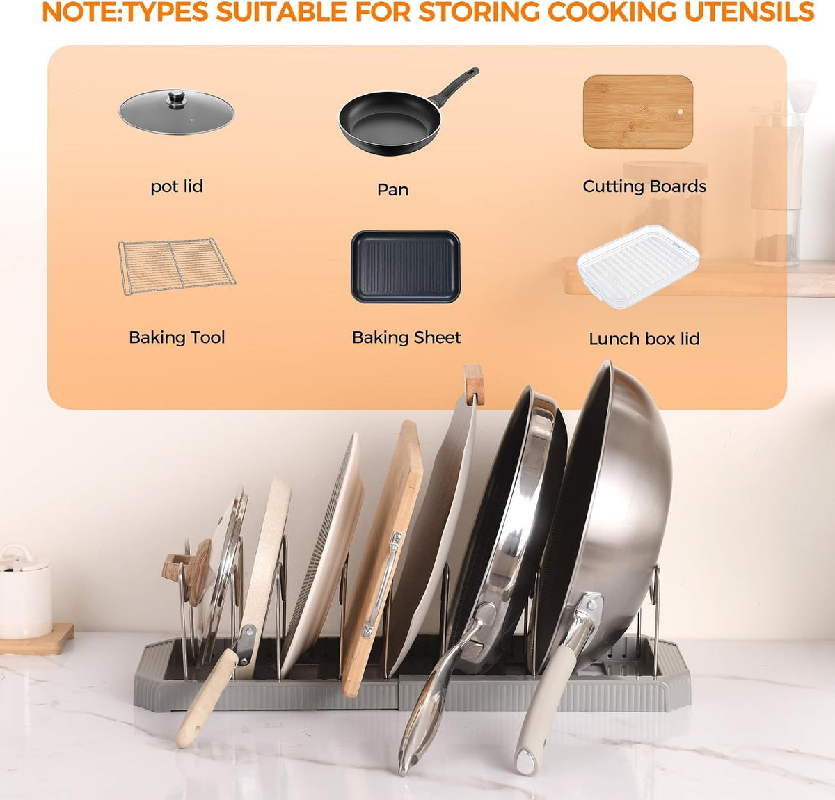 Adjustable Pot Lid Organizer, 9 Compartment Cabinet Storage for Pans, White | Width adjusts 12 to 20 in, holds pots pans lids cutting boards, wire dividers, non-slip feet, space-saving for kitchen