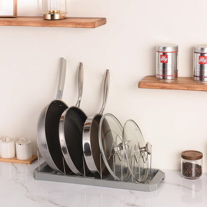 Adjustable Pot Lid Organizer, 9 Compartment Cabinet Storage for Pans, White | Width adjusts 12 to 20 in, holds pots pans lids cutting boards, wire dividers, non-slip feet, space-saving for kitchen