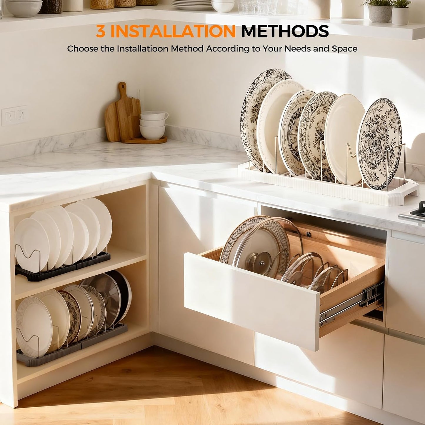 Adjustable Pot Lid Organizer, 9 Compartment Cabinet Storage for Pans, White | Width adjusts 12 to 20 in, holds pots pans lids cutting boards, wire dividers, non-slip feet, space-saving for kitchen