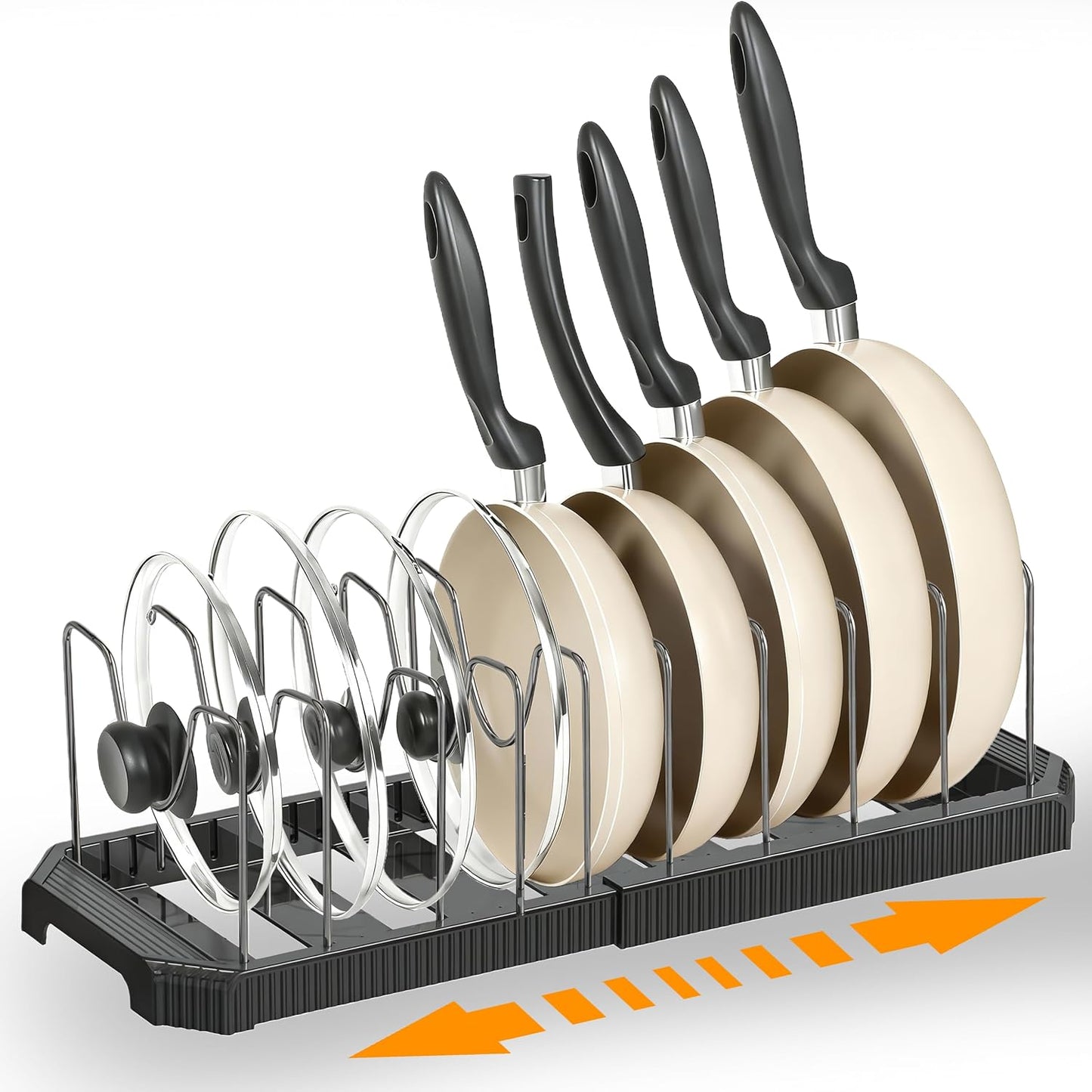 Adjustable Pot Lid Organizer, 9 Compartment Cabinet Storage for Pans, White | Width adjusts 12 to 20 in, holds pots pans lids cutting boards, wire dividers, non-slip feet, space-saving for kitchen