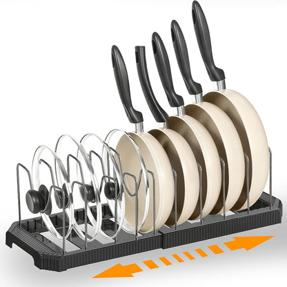 Adjustable Pot Lid Organizer, 9 Compartment Cabinet Storage for Pans, White | Width adjusts 12 to 20 in, holds pots pans lids cutting boards, wire dividers, non-slip feet, space-saving for kitchen
