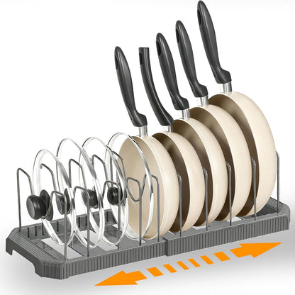 Adjustable Pot Lid Organizer, 9 Compartment Cabinet Storage for Pans, White | Width adjusts 12 to 20 in, holds pots pans lids cutting boards, wire dividers, non-slip feet, space-saving for kitchen