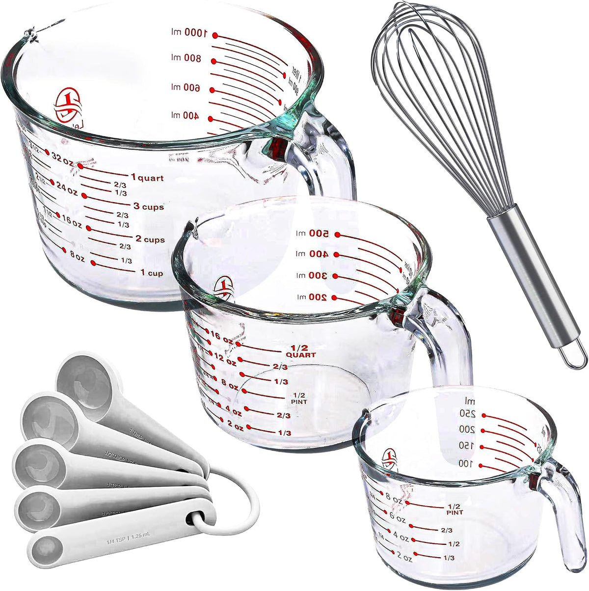 Set of 3 Glass Measuring Cups with Measuring Spoons & Whisk - Kitchen Mixing Bowl Liquid Measure Cup, Glass Bakeware. 1 cup, 2 cup, 4 cup., Multi Size, Clear