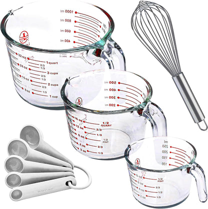 Set of 3 Glass Measuring Cups with Measuring Spoons & Whisk - Kitchen Mixing Bowl Liquid Measure Cup, Glass Bakeware. 1 cup, 2 cup, 4 cup., Multi Size, Clear