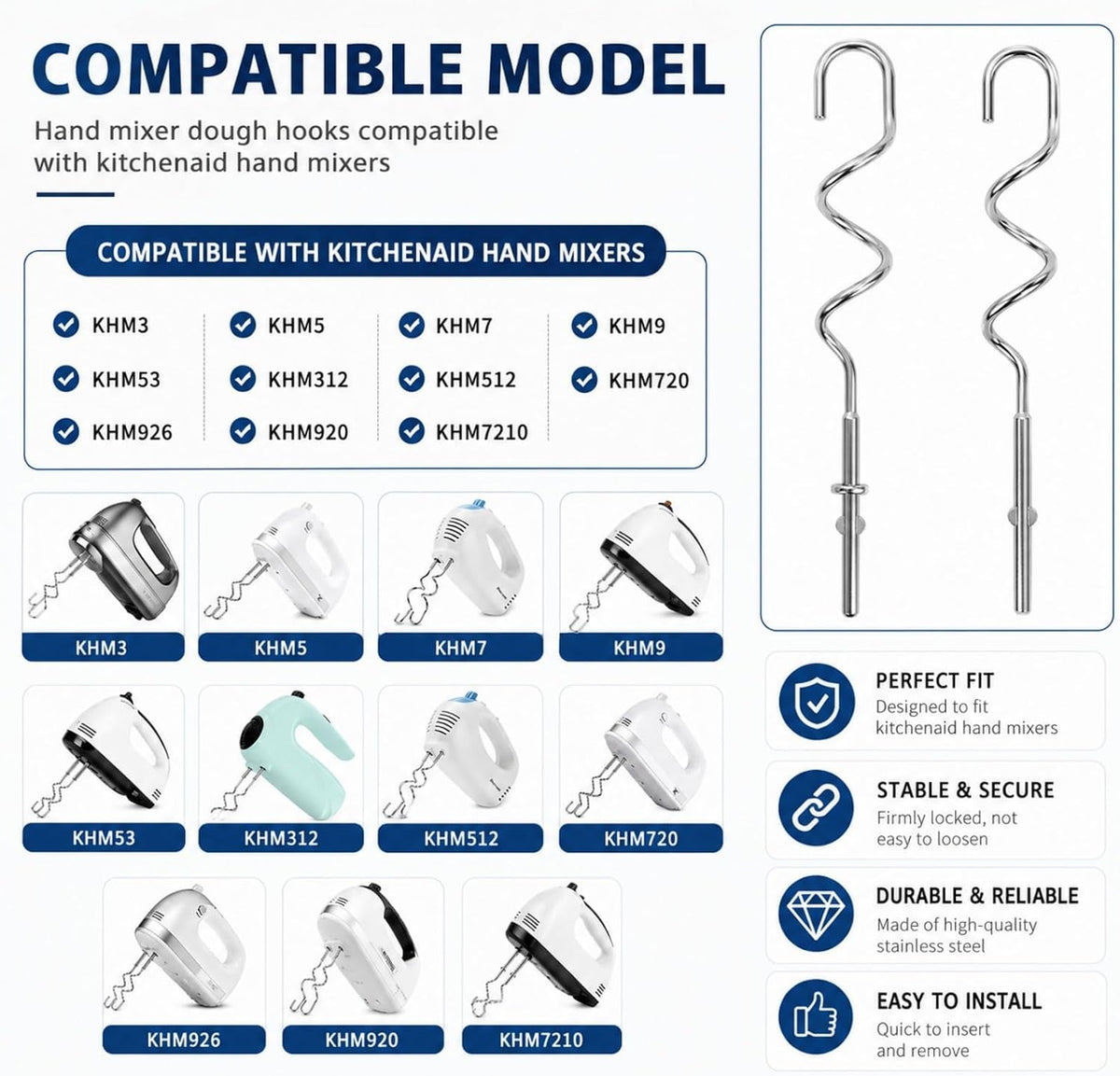 KHM512 Dough Hooks for Hand Mixer, Replacement Compatible with KitchenAid KHM/5KSM/KSM/KSMO/KSMH Series, Heavy-Duty Stainless Steel Attachments for Making Bread & Pizza Dough (2 Pack)
