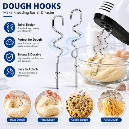 KHM512 Dough Hooks for Hand Mixer, Replacement Compatible with KitchenAid KHM/5KSM/KSM/KSMO/KSMH Series, Heavy-Duty Stainless Steel Attachments for Making Bread & Pizza Dough (2 Pack)